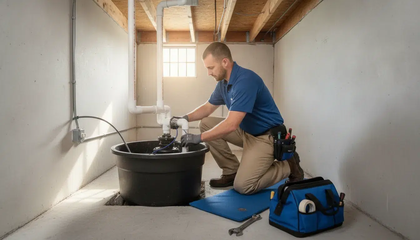 Plumber installing a sump pump system in a Fort Myers crawlspace