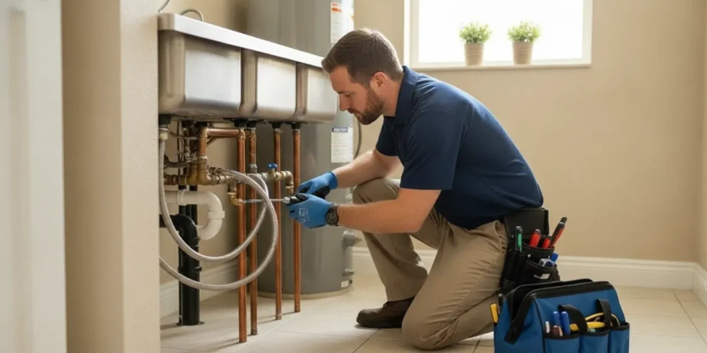Plumber inspecting a residential water line connection