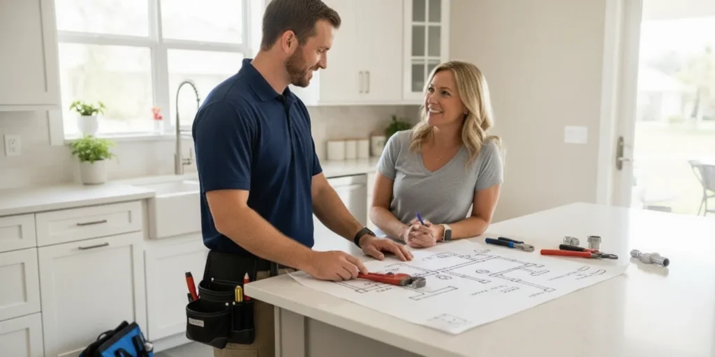 Plumber reviewing a home water piping plan with a homeowner at a kitchen counter