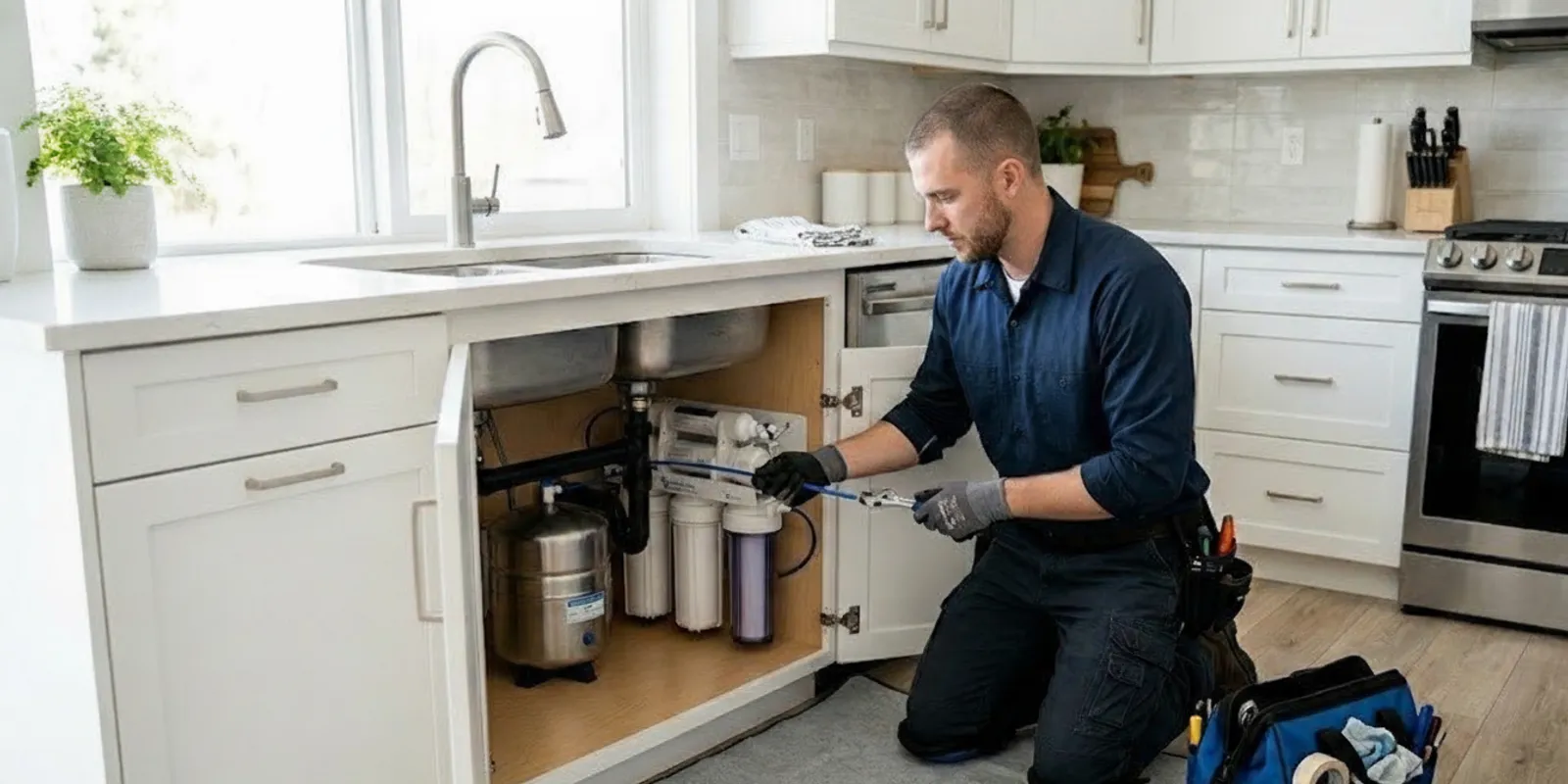 Plumber checking the connections on an under-sink water filter in a bright home kitchen